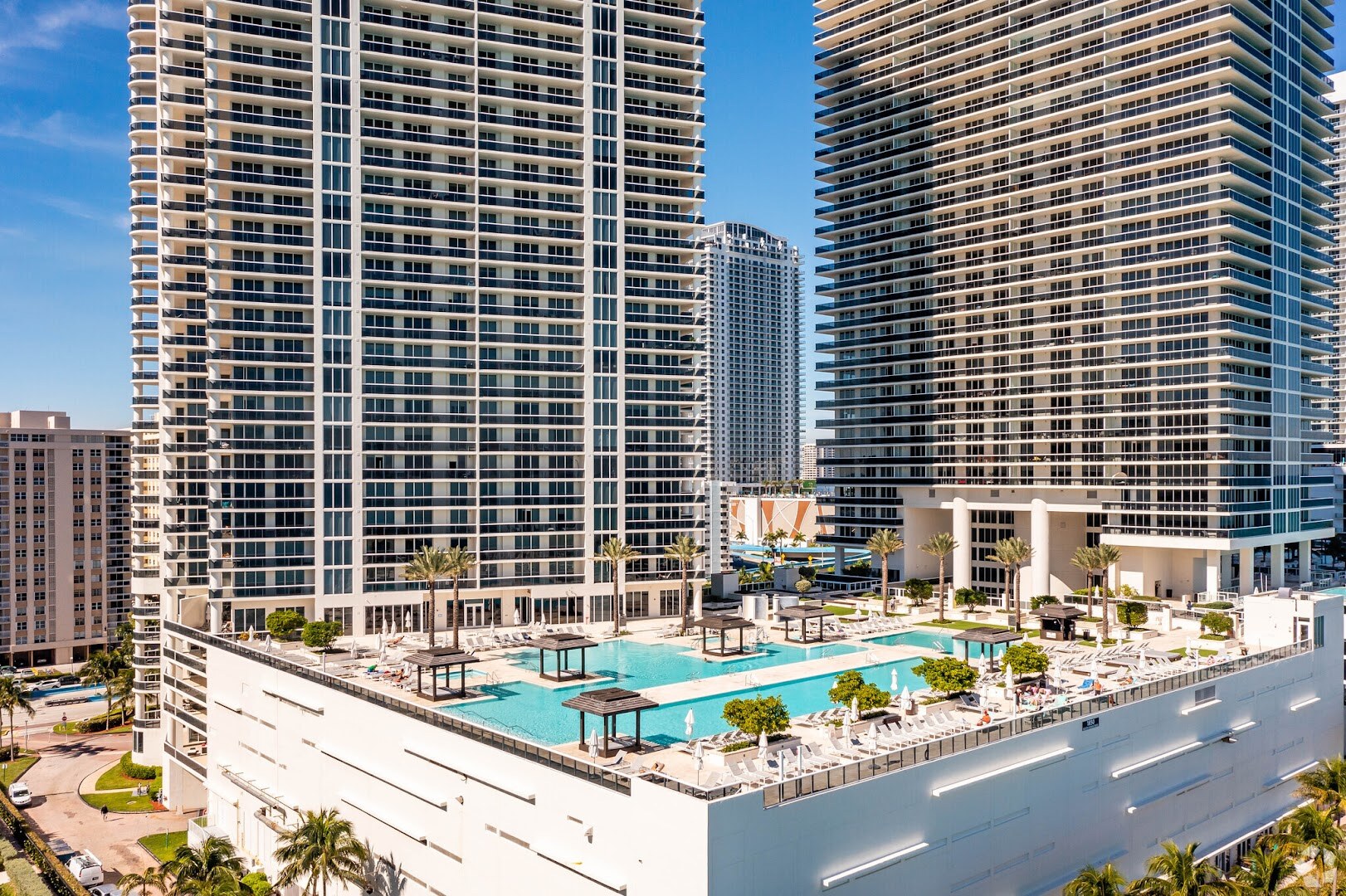 Aerial view of luxury Miami beachfront condo towers
